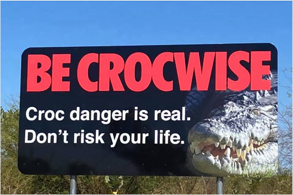 Silk Dreams Hum of the Earth Crackle of the Sky Collection by Kaliopi Eleni Warning sign for Croc Danger