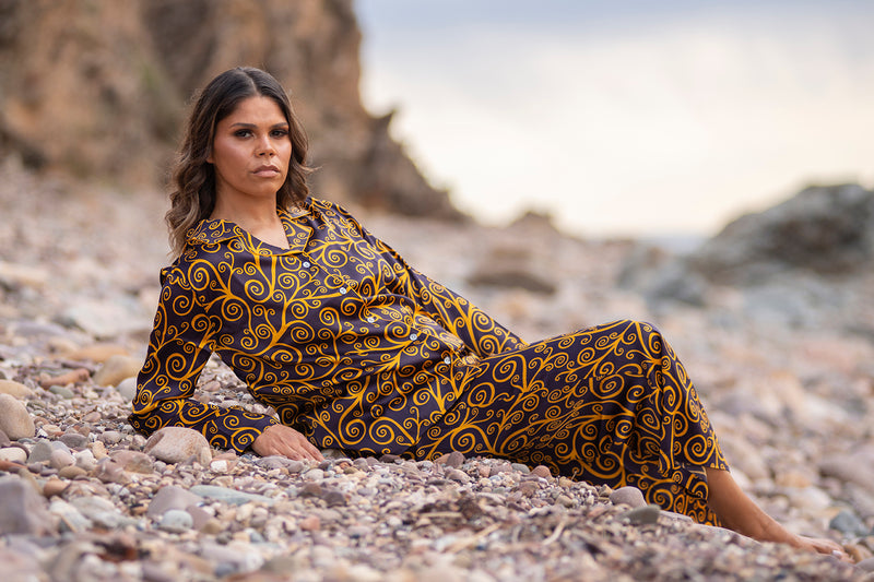 Silk Pyjama Set with Gold swirls on aubergine