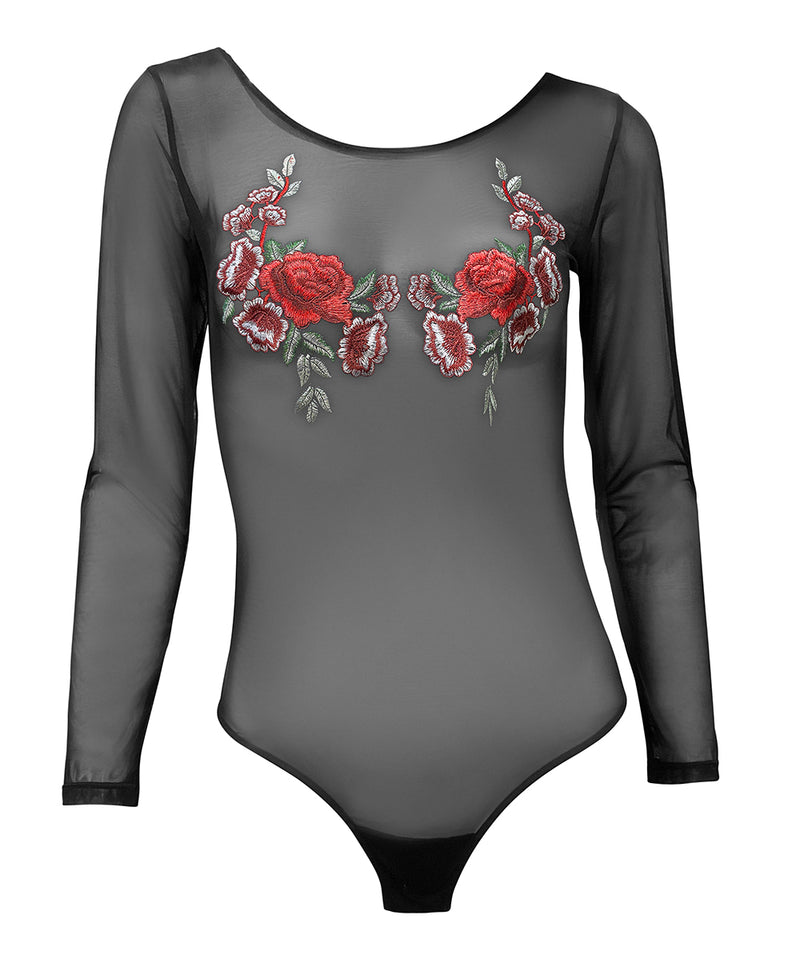 The Penelope Sheer Body suit with embroidered flowers