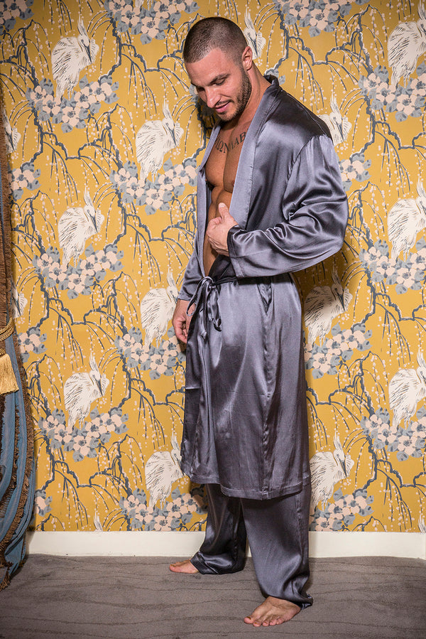 Mens Silk Robe Slate