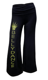 Dance wear Active wear full pant with rhinestone 'belly dance' in celadon green trim by Kaliopi Eleni