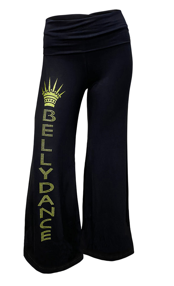 Dance wear Active wear full pant with rhinestone 'belly dance' in celadon green trim by Kaliopi Eleni